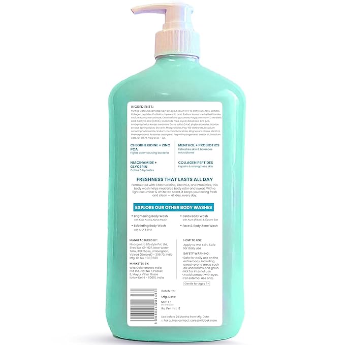 Wild-Oak Anti-Odor Body Wash | Advanced Odor Defense with Chlorhexidine Salicylic Acid &amp Zinc PCA | Cooling Peppermint Menthol | Probiotics - Refreshes Skin &amp Balances Microbiome | 750ml