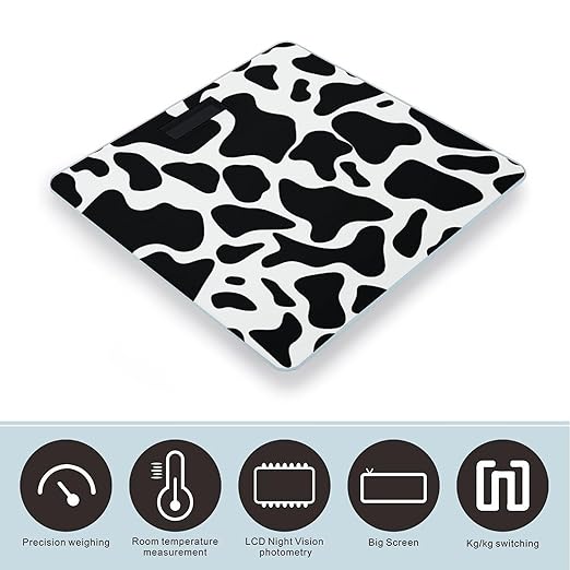 Cow Spot Scale for Body Weight Safe Rounded Corners Tempered Glass Digital Bathroom Scale LED Display 400lb Capacity Weight Scales with High Precision Sensors