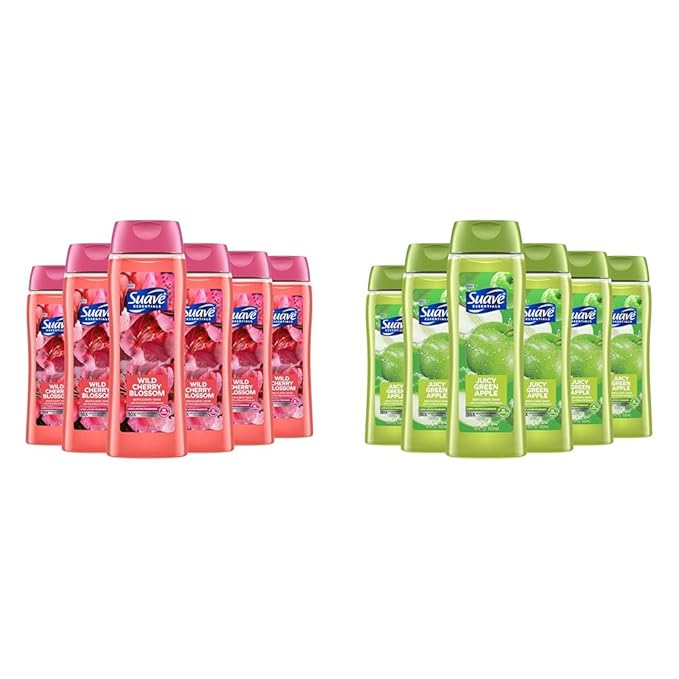 Suave Body Wash Bundle with Wild Cherry Blossom Juicy Apple Vitamin E 18 Oz Packs of 6