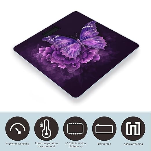Beautiful Purple Butterfly Floral Scale for Body Weight Digital Bathroom Scale Accurate Smart Weight Scales with Large Display Weighing Machine High Precision Scales