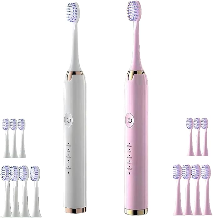 Electric Toothbrush for Adults 2 Pack Rechargeable Sonic Electric Toothbrush Cordless Battery Operated Toothbrush with 5 Modes 16 Brush Heads Travel Toothbrush Set (2PCS White + Pink)