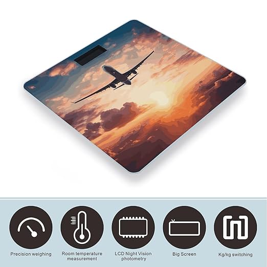 Airplane Sunset Sky Weight Scale Digital Electronic Scales Bathroom Scale Larg LCD Backlight Display High Precisio MeasurementsTempered Glass