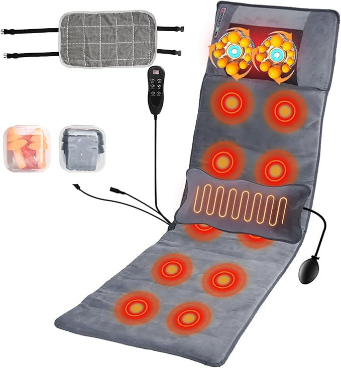 Full Body Massage Mat with Heat with Inflatable Head Pillow Electric Vibration Massage Pad Back Massager for Chair 10 Motors 9 Modes 3 Heat Levels Lumbar Pillow for Home Office Women Men Gift
