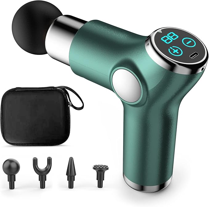 Ergocar Powerful Muscle Massage Gun Deep Tissue 6 Speeds Handheld Electric Body Massager with 4 Heads Super Quiet Portable for Athletes Sedentary Office Worker Touch Screen-Green