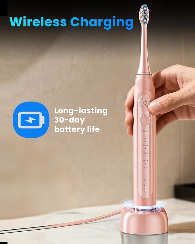 Onlyone Sonic Electric Toothbrush for Adults Rechargeable Ultrasonic Electric Toothbrush with 8 Brush Heads Travel Case Charging Base &amp Wireless Charging - 5 Modes with Smart Timer