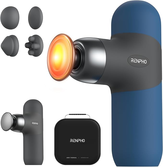 RENPHO Mini Thermal Massage Gun with Heat Portable Deep Tissue Percussion Massager with 4 Heads for Neck &amp Back Comfort Ultra-Quiet Operation for Home Office &amp Travel Includes Compact Carr