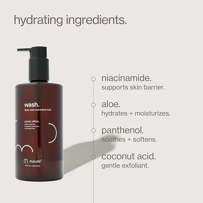 Maude Wash - pH Balanced Moisturizing Body Wash - Unscented Body Soap &amp Bubble Bath - With Smoothing Niacinamide &amp Aloe - Gentle Everyday Shower Gel &amp Relaxing Bath Soap - No.0 (12 oz)