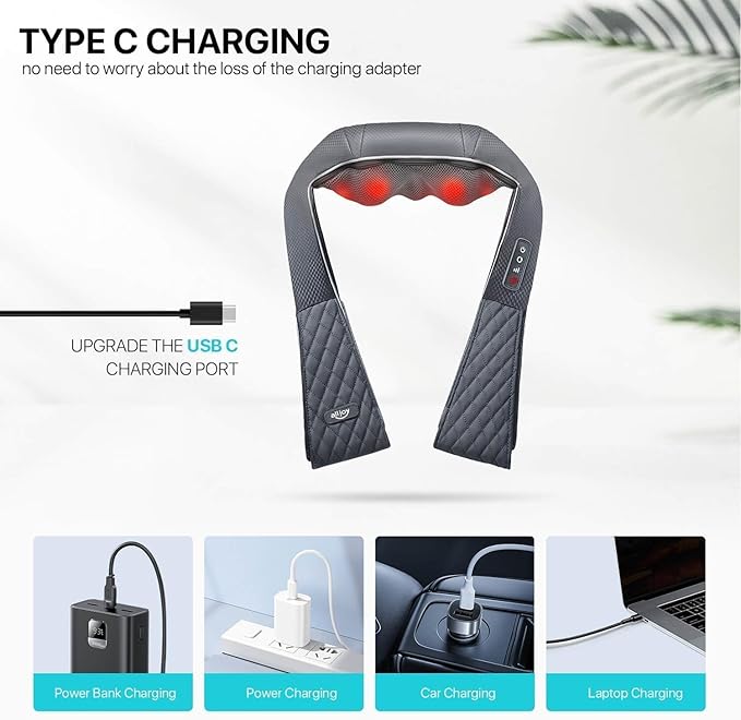 Cordless Shiatsu Neck Massager with Heat – Rechargeable Massager for Neck and Shoulder Pain with 8 Deep Kneading Nodes Back Massager for Home Office Outdoor - Christmas Gifts for Mom Dad Men Women