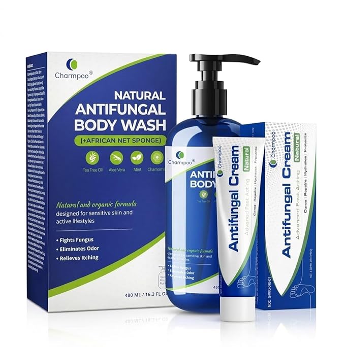 Ultimate Antifungal Bundle: Tea Tree Body Wash (16.3oz) + Miconazole Antifungal Cream (2 Pack) - Complete Treatment Kit for Athlete’s Foot Jock Itch Ringworm Body Odor &amp Eczema - Soothes I