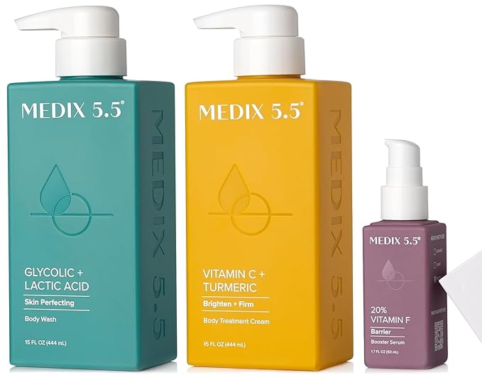 Medix 5.5 Glycolic Acid Exfoliating Body Wash + Vitamin C Brightening Body Treatment Cream + 20% Vitamin F Anti Aging Serum Set