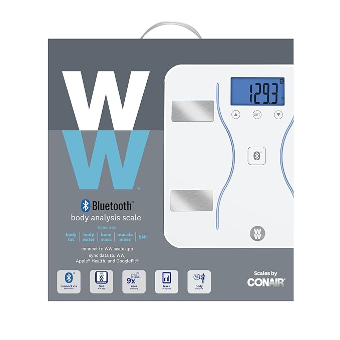 Weight Watchers Scales by Conair Bathroom Scale for Body Weight Glass Digital Scale Body Analysis Measures Body Fat Body Water BMI Bone Mass &amp Muscle Measures Weight up to 400 Lbs White