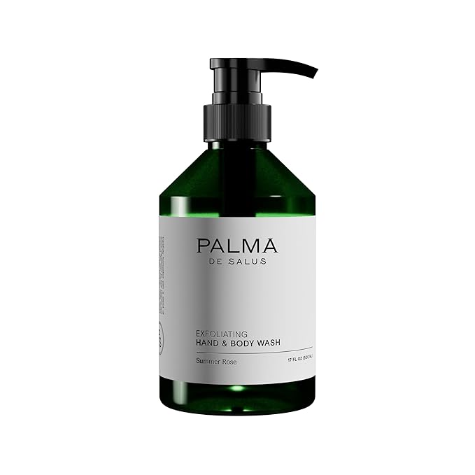 Exfoliating Hand &amp Body Wash (Organic Summer Rose) | Hydrating Cleanser with Avocado Oil Betaine from Sugar Beets &amp Olive Pits – Plant-Based Scrub for Glowing Skin | 17 fl oz