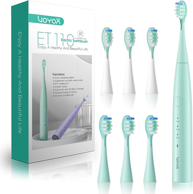 VOYOR-HEALTH Sonic Electric Toothbrush for AdultsTooth Brushes with 6 Brush Heads70-Day Battery LifeIPX7 Waterproof Rechargeable Travel Toothbrushes with 3 Modes for Family Use ET110（Green）