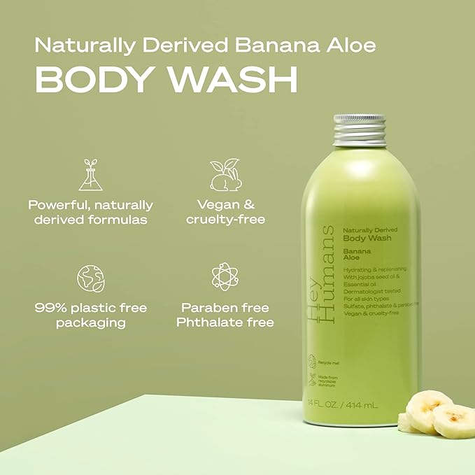 Hey Humans Banana Aloe Moisturizing Body Wash with Natural Ingredients &amp Jojoba Oil | Clean Vegan Sulfate Free Bath &amp Body Wash for Women &amp Men | Recyclable Bottle 14 fl. oz. - Pack of