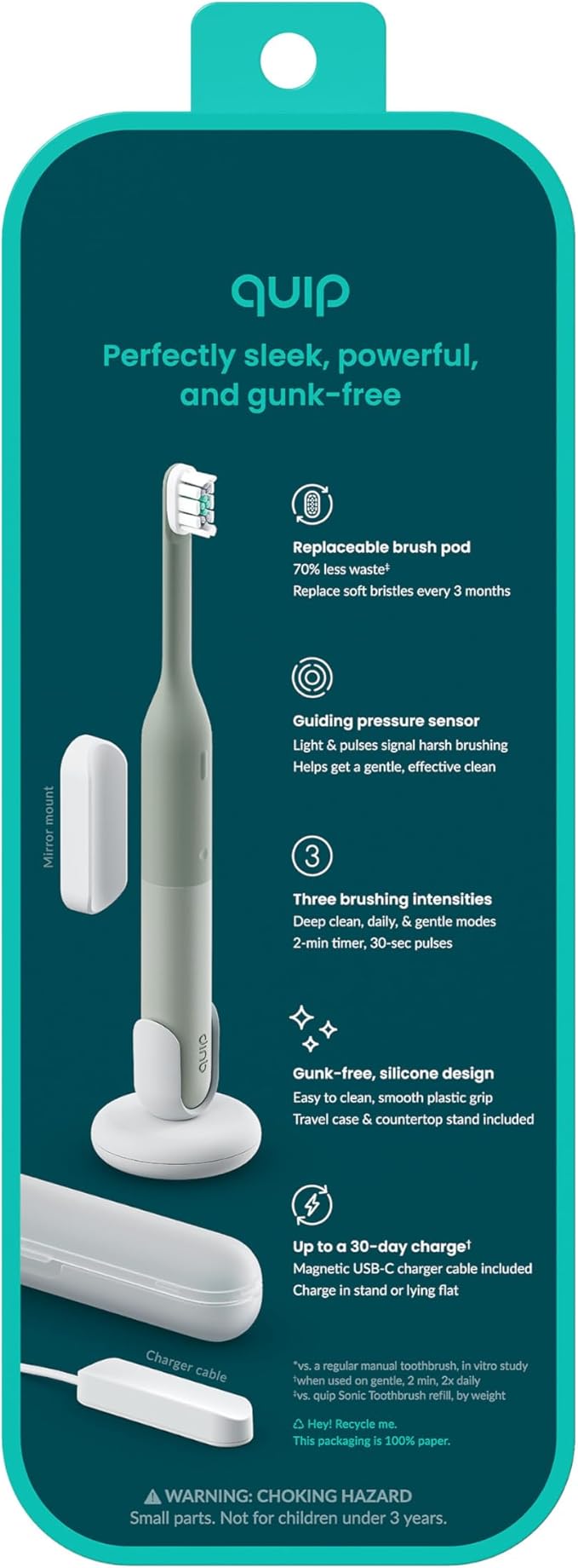 Quip Ultra Lite Sonic Electric Toothbrush Slim Lightweight Design 3 Brushing Modes 15X More Plaque Removal Pressure Sensor &amp 30-Day Battery Meadow