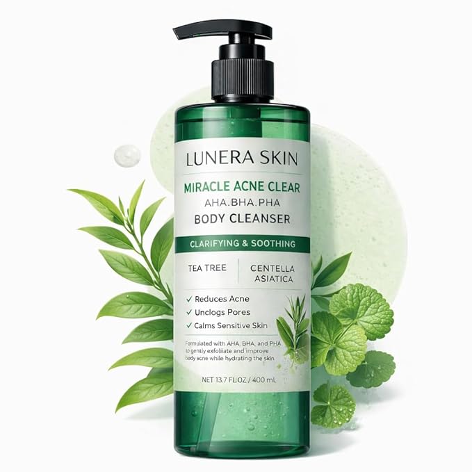 LUNERA SKIN PHA Body Cleanser with Tea Tree &amp Centella Asiatica Clarifying Body Wash for Oily &amp Acne-Prone Skin Gentle Exfoliating Shower Gel 13.7 Fl Oz