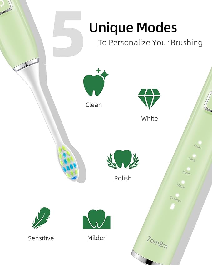 7AM2M Sonic Electric Toothbrush with 6 Brush Heads for Adults and Kids One Charge for 90 Days Wireless Fast Charge 5 Modes with 2 Minutes Built in Smart Timer Electric Toothbrushes(Green+Black)