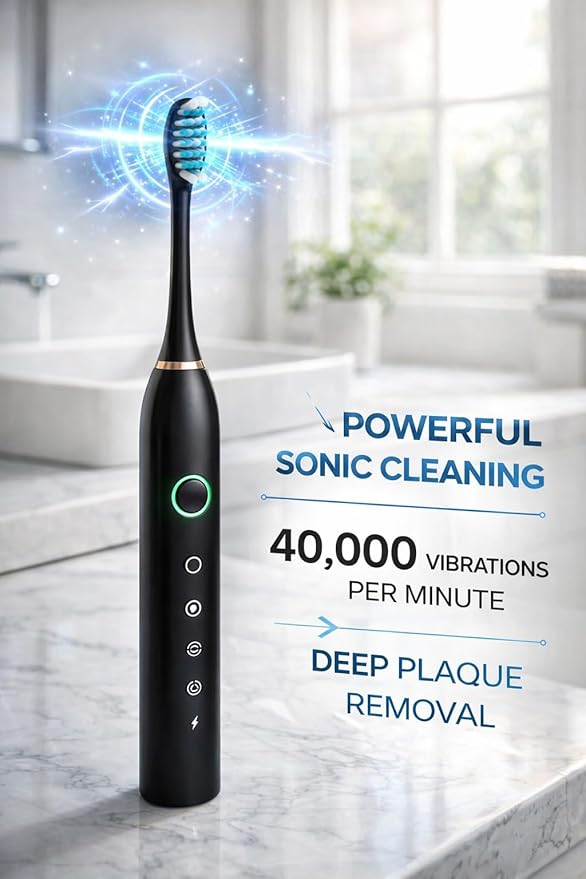 GajetNest Sonic Electric Toothbrush 6 Modes 42000 VPM 6 Brush Heads 15 Day Battery Great for Travel Powerful Toothbrush Black