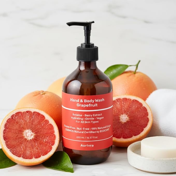 Grapefruit Hand &amp Body Wash – Hydrating Vegan Cleanser for All Skin Types Gentle Moisture-Rich Formula with Betaine &amp Berry Extract 98% Natural ECOCERT COSMOS Natural Certified (1)