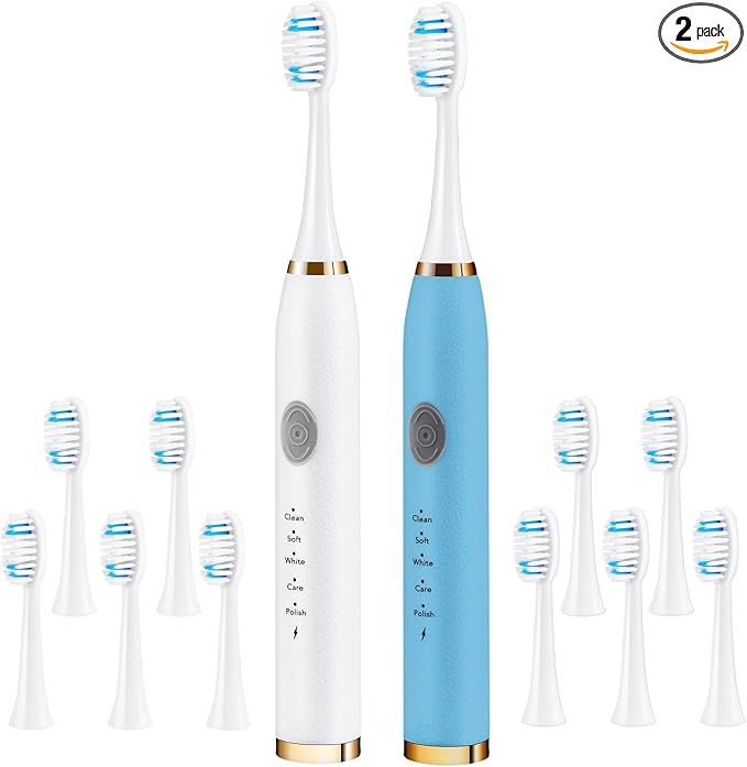 Electric Toothbrush 2 Pack (White &amp Blue 2 Pack)