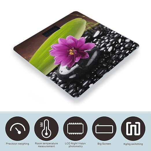 Purple Flower with Black Stone Scale for Body Weight Sturdy Tempered Glass Weighing Scales with LCD Display Accurate Digital Bathroom Scale Convenient Body Fat Smart Scales 400lb