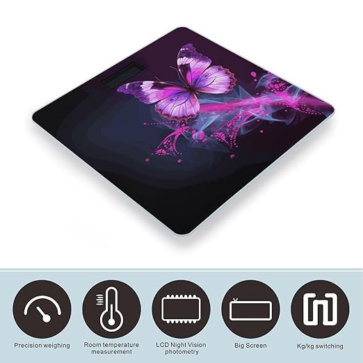 Pink Purple Butterfly Weight Scale Digital Electronic Scales Bathroom Scale Larg LCD Backlight Display High Precision MeasurementsTempered Glass