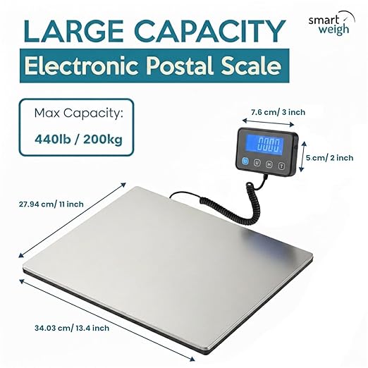 Smart Weigh Digital Postal Shipping Scale Heavy Duty Wide Platform 440 lb Capacity 2 oz Readability Hold &amp Tare Function Includes Batteries &amp USB-C