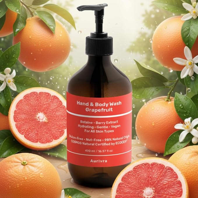 Grapefruit Hand &amp Body Wash – Hydrating Vegan Cleanser for All Skin Types Gentle Moisture-Rich Formula with Betaine &amp Berry Extract 98% Natural ECOCERT COSMOS Natural Certified (2)