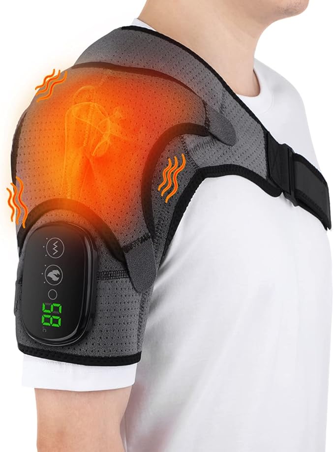Heated Shoulder Wrap Shoulder Heating Pads Massager for Men Women Electric Cordless Vibration Massage Heated Shoulder Braces with 3 Heating Setting Left Right Shoulder Massage