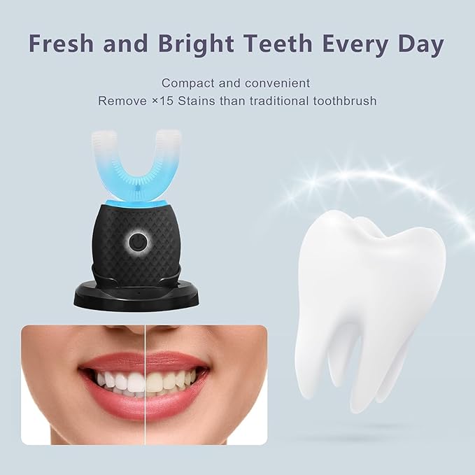 Smart U-Shaped Ultrasonic Toothbrush for Adults: 360° Full Mouth Cleaning with Auto Rotation Smart Pressure Sensor &amp LED Light Includes Foam Mousse 4 Brush Heads and Charging Base (black)