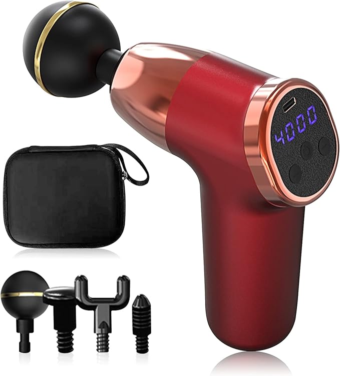 Ergocar Powerful Muscle Massage Gun Deep Tissue 20 Speeds Handheld Electric Body Massagers with 4 Heads Super Quiet Portable for Athletes Sedentary Office Worker Button Style-Red