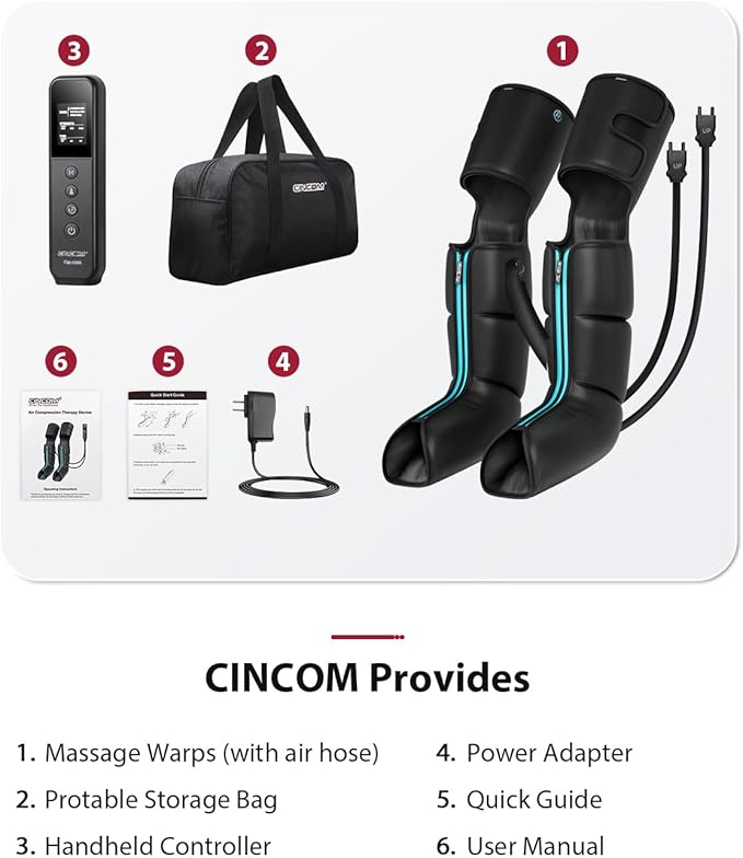 CINCOM Leg Massager for Circulation and Pain Relief Air Compression 3 in 1 Leg Massager for Foot Calf &amp Thigh Leg Compression Boots for Recovery Edema RLS Relief