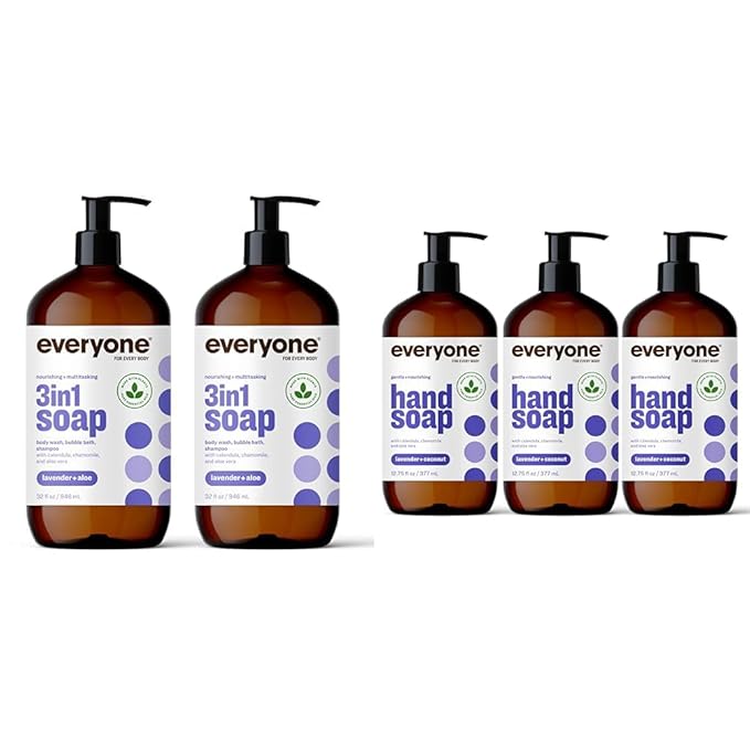 Everyone 3-in-1 Soap Body Wash Bubble Bath Shampoo 32 Ounce (Pack of 2) Lavender and Aloe &amp Liquid Hand Soap 12.75 Ounce (Pack of 3) Lavender and Coconut Plant-Based Cleanser