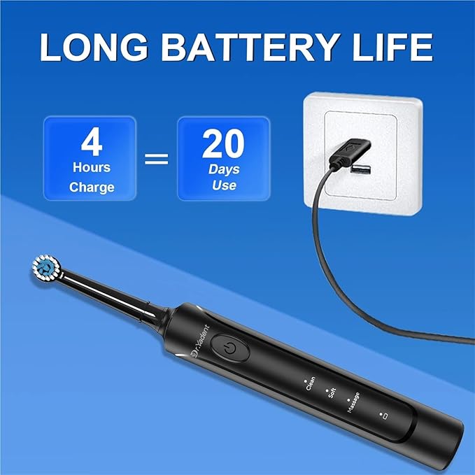 Compatible for Dr.Yadent Rotating Toothbrush - IPX7 Waterproof 3 Modes 4 Heads Rechargeable Battery for Adult Deep Cleaning