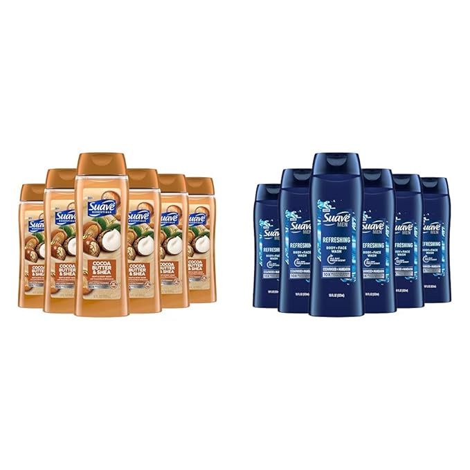 Suave Body Wash Bundle - Cocoa Butter Shea and Men's Cedarwood Mandarin Scents Vitamin E 18 Oz Packs of 6