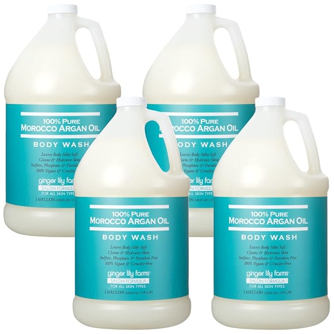 Ginger Lily Farms Salon Formula 100% Pure Morocco Argan Oil Body Wash for All Skin Types 100% Vegan &amp Cruelty-Free 1 Gallon Refill (Pack of 4)