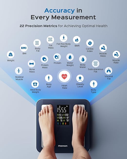 Smart Scale for Body Weight FSA&ampHSA Eligible Bathroom Digital Weighing Scale with 8-in-1 Large Display 22 Metrics with BMI Body Fat Heart Rate Compatible with iOS &amp Android