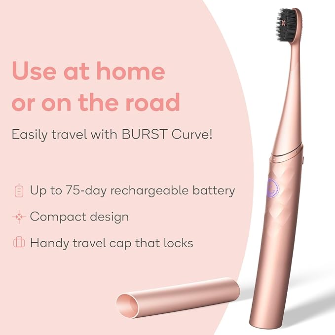 Burst Curve Sonic Electric Toothbrush for Adults (Rose Gold) | Slim Travel Brush with Cover | Ultra Soft Bristles | Up to 2 Month Rechargeable Battery | Two Modes &amp Timer
