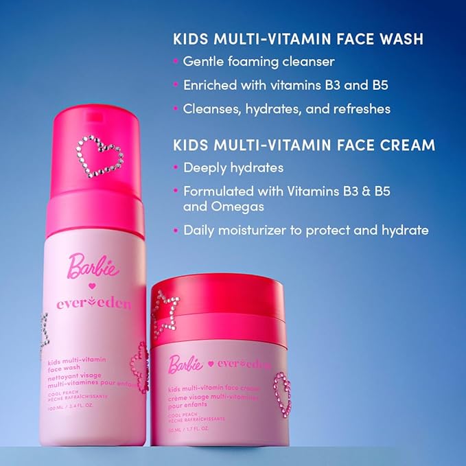 Evereden Happy Face DUO Barbie Edition &amp Cloud Body Wash Juicy Citrus Set: Multi-Vitamin Kids Face Wash &amp Cream Fun Foamy Toddler Body Wash &amp Barbie Gift Bundle - Gentle Clean &amp Ve
