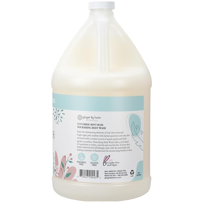 Ginger Lily Farms Botanicals Nourishing Body Wash 100% Vegan &amp Cruelty-Free Cucumber Mint Bliss Scent 1 Gallon (128 fl oz) Refill
