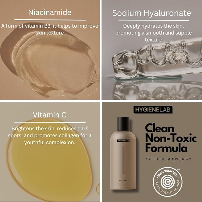 HygieneLab Face Wash – EWG Verified Gentle &amp Hydrating Cleanser with Aloe Niacinamide &amp Vitamin C Removes Dirt Without Stripping Skin (5 fl oz)