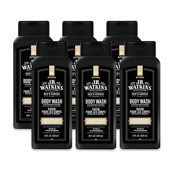 J.R. Watkins Natural Daily Moisturizing Body Wash Hydrating Shower Gel for Men and Women Free of SLS Cruelty Free Sandalwood Vanilla 18 fl oz 6 Pack