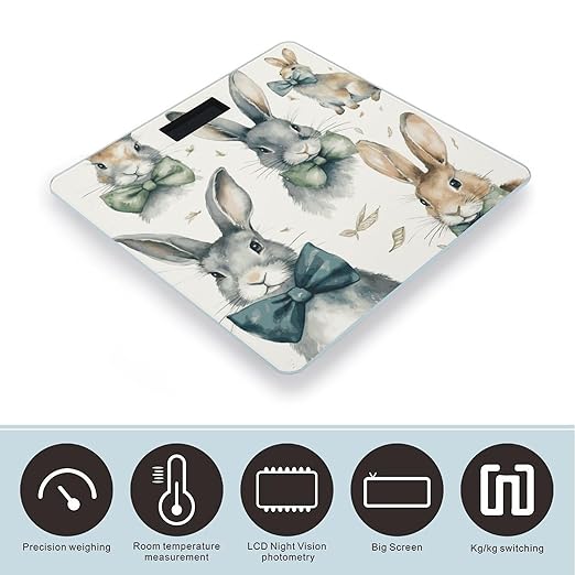 Rabbit Wearing A Bow Scale for Body Weight Anti-Slip Digital Bathroom Scale Sturdy Toughened Glass Weighing Scales High Precision Safe Rounded Corners Smart Scales