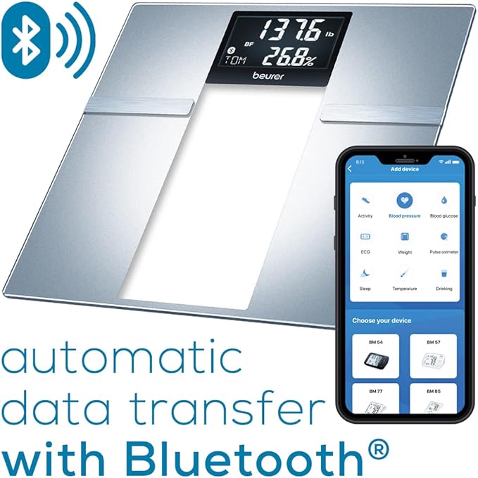 Beurer BF720 Smart Scale for Body Weight Body Fat Body Water &amp More – 400 lb Capacity Bluetooth App Calorie Data User Recognition XL LCD Display Glass Digital Bathroom Scale – Grey