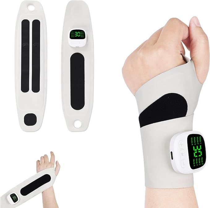 Rechargeable Adjustable Electric Wrist MassagerCarpal Tunnel Wrist Massager with 8 Modes and 30 Intensity LevelsBreathable Lightweight MaterialAdjustable Thumb Loop Ideal for Daily Use (White)