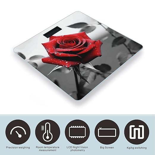 Black and White Red Rose Scale for Body Weight High Precision Digital Weight Scales with LCD Display Anti-Slip Sturdy Slim Tempered Glass Bathroom Scale for Home Use