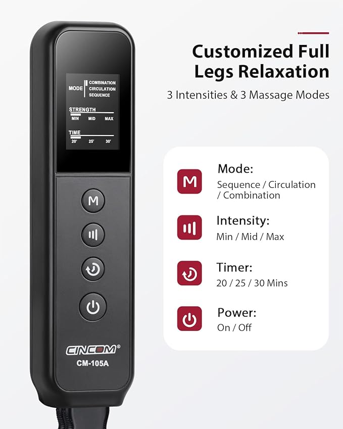 CINCOM Leg Massager for Circulation and Pain Relief Air Compression 3 in 1 Leg Massager for Foot Calf &amp Thigh Leg Compression Boots for Recovery Edema RLS Relief