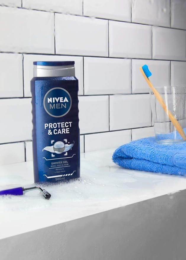 NIVEA MEN Protect &amp Care 3-in-1 Shower Gel for Body Face and Hair with Aloe Daily Cleansing Formula with Fresh Masculine Fragrance Dermatologically Tested Shower Gel16.9 fl oz/500 ml Bottle