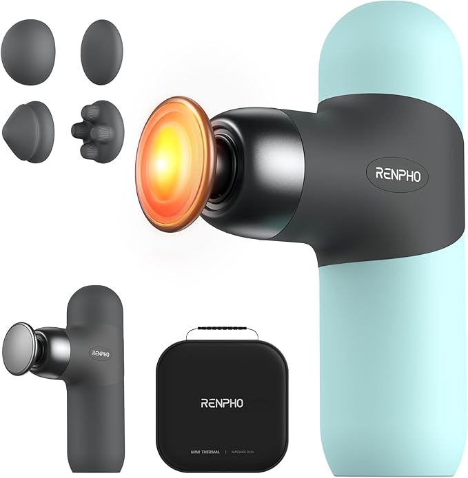RENPHO Mini Thermal Massage Gun with Heat Portable Deep Tissue Percussion Massager with 4 Heads for Neck &amp Back Comfort Ultra-Quiet Operation for Home Office &amp Travel Includes Compact Carr