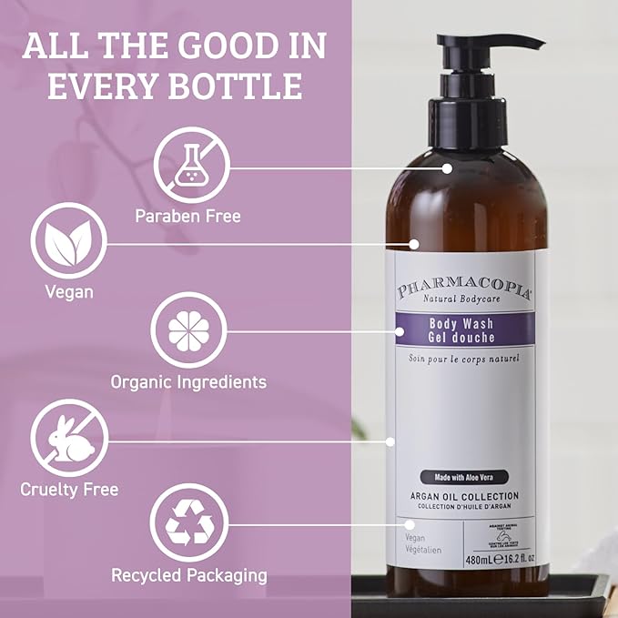 Pharmacopia Hotel Argan Oil Body Wash - Vegan Moisturizing Shower Gel with Aloe Vera Coconut Oil and Green Tea Extract - Natural Organic and Cruelty-Free Skin Care for Men and Women 16.2 oz